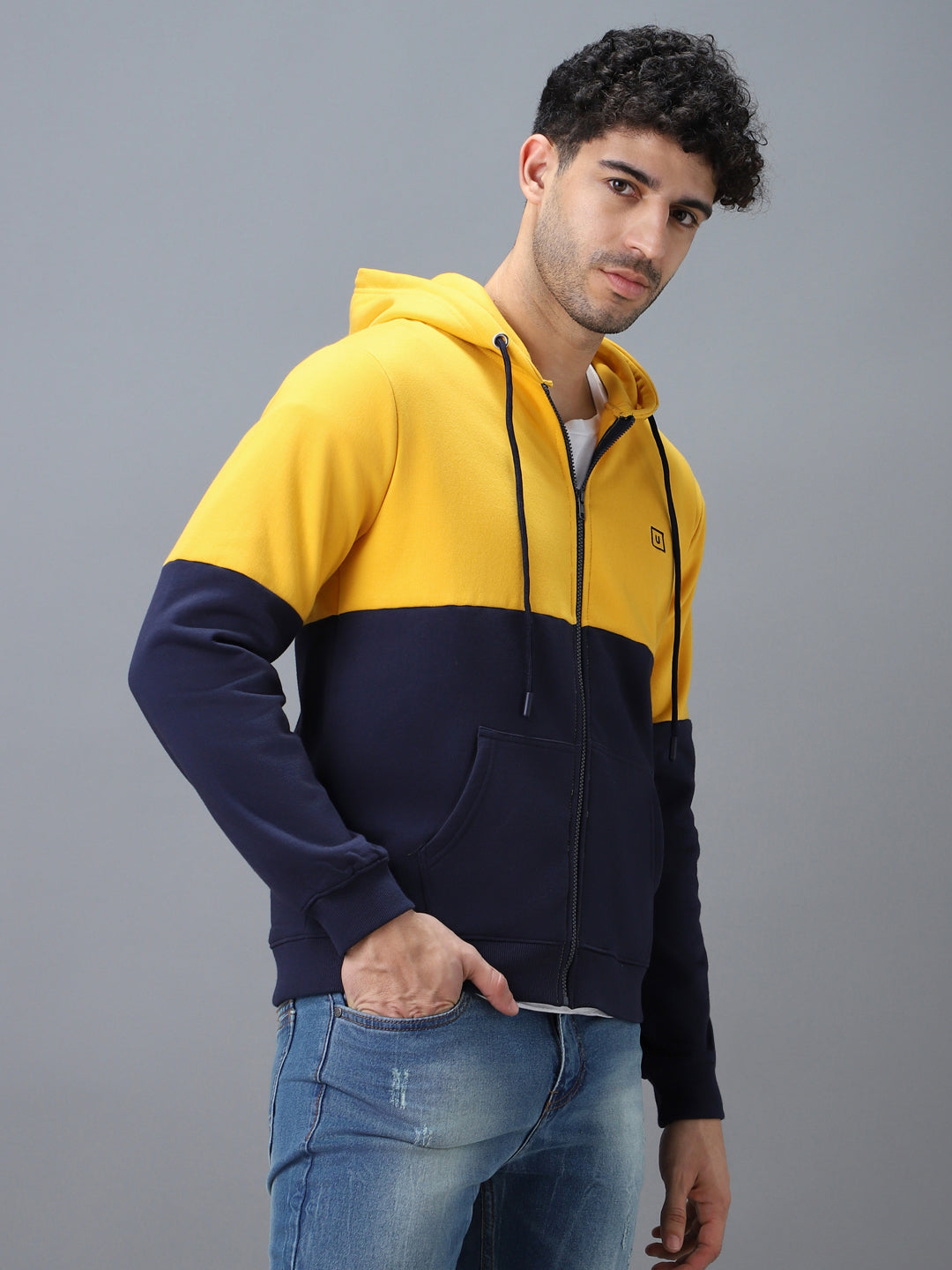 Men's Yellow, Navy Color Block Cotton Zippered Hooded Sweatshirt