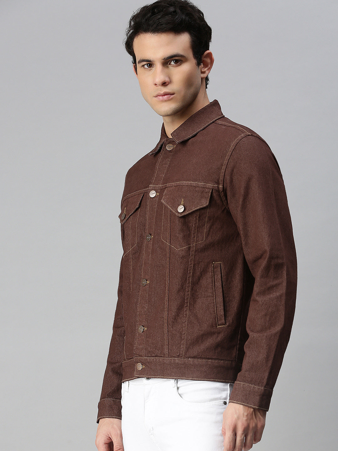 Men's Brown Regular Fit Washed Full Sleeve Denim Jacket