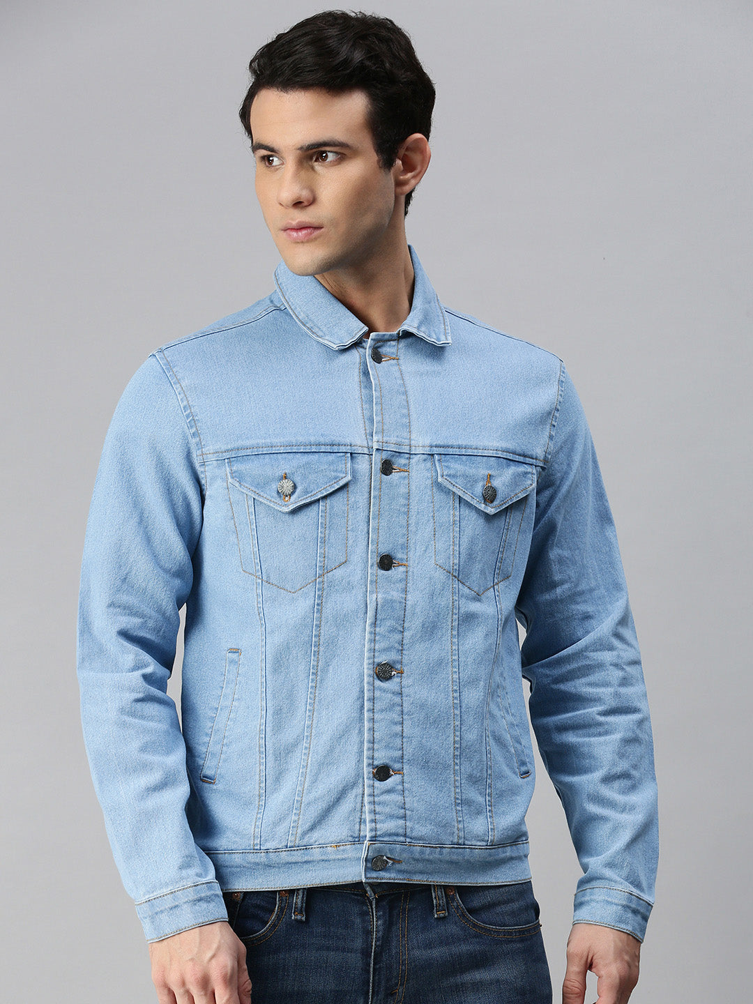Men's Light Blue Solid Regular Fit Washed Full Sleeve Denim Jacket