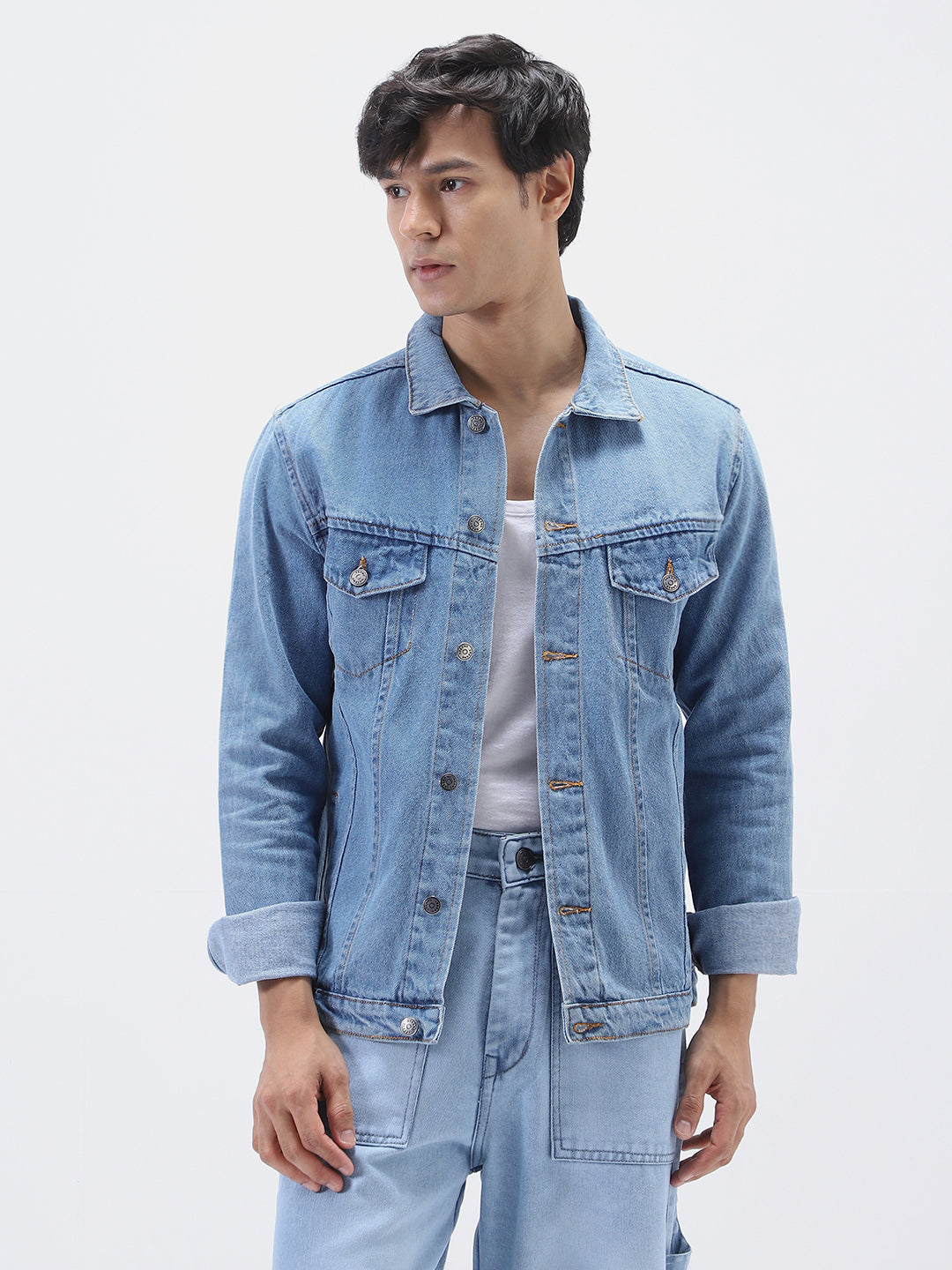 Men's Light Blue Solid Regular Fit Washed Full Sleeve Denim Jacket
