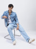 Men's Light Blue Solid Regular Fit Washed Full Sleeve Denim Jacket