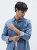 Men's Light Blue Solid Regular Fit Washed Full Sleeve Denim Jacket