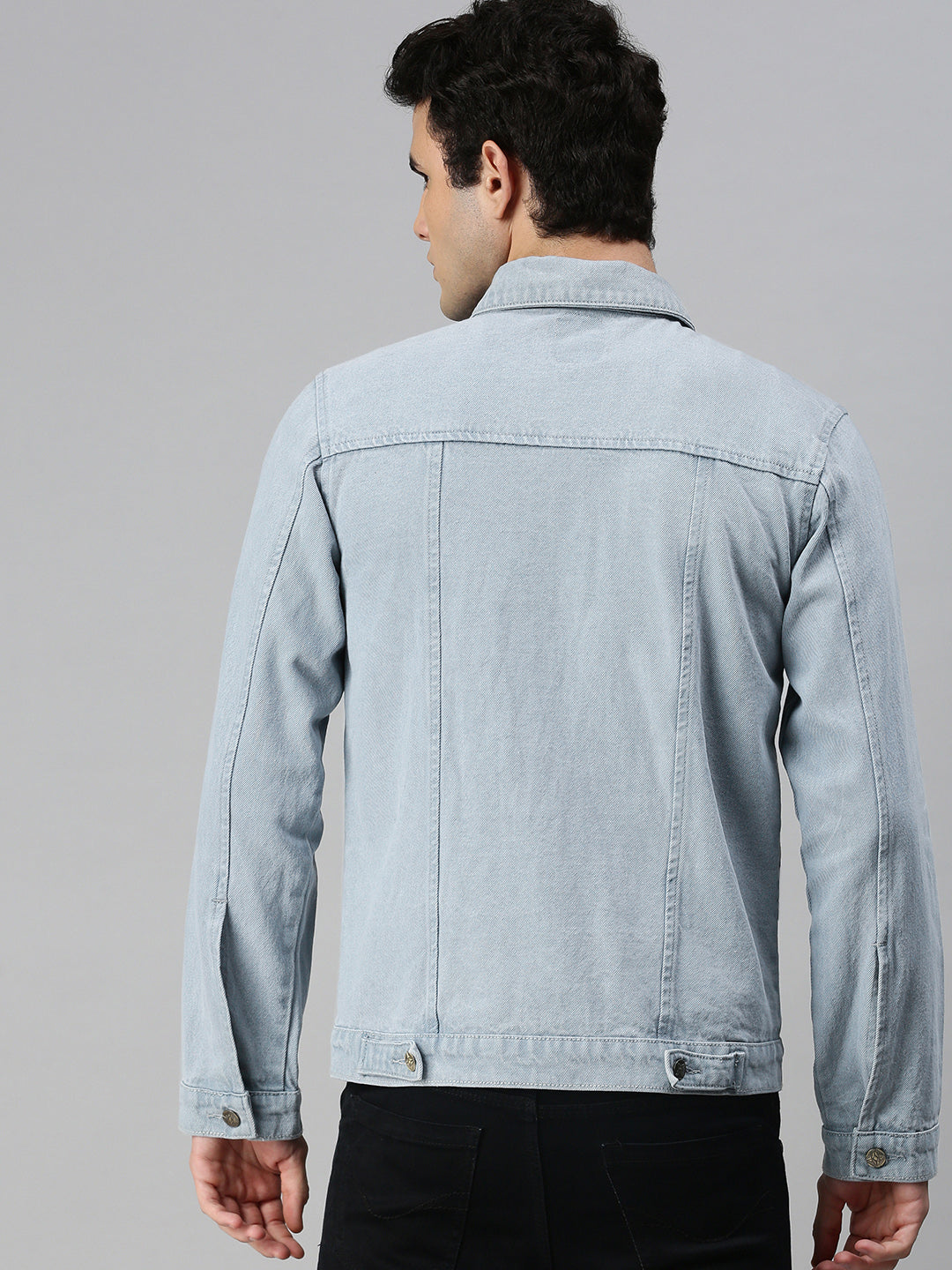 Men's Light Grey Solid Regular Fit Washed Full Sleeve Denim Jacket