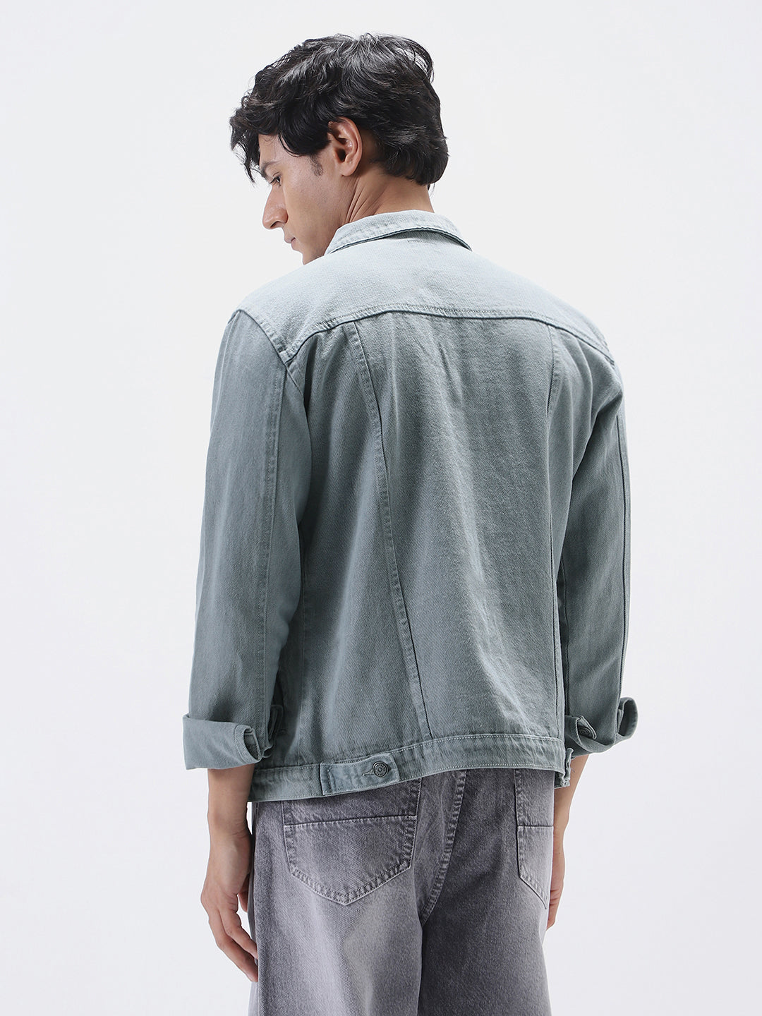 Men's Light Grey Solid Regular Fit Washed Full Sleeve Denim Jacket