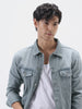 Men's Light Grey Solid Regular Fit Washed Full Sleeve Denim Jacket