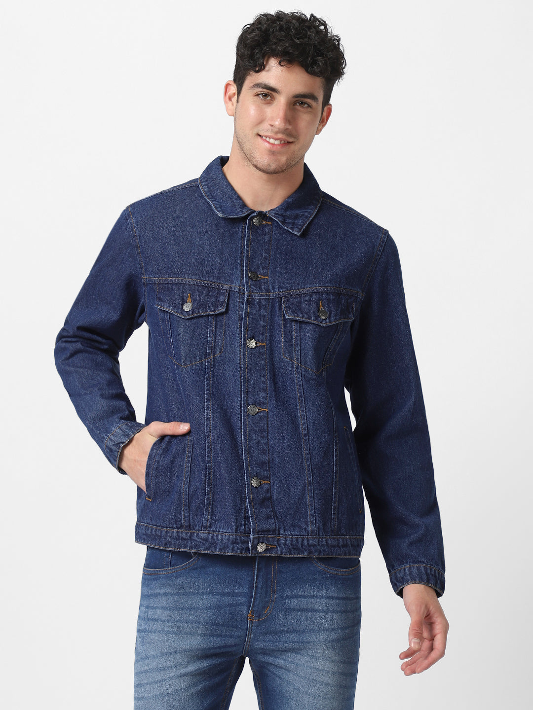 Men's Blue Solid Regular Denim Jacket