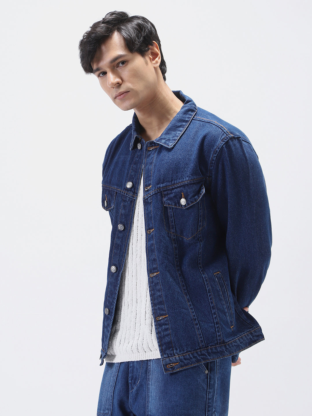 Men's Blue Solid Regular Denim Jacket