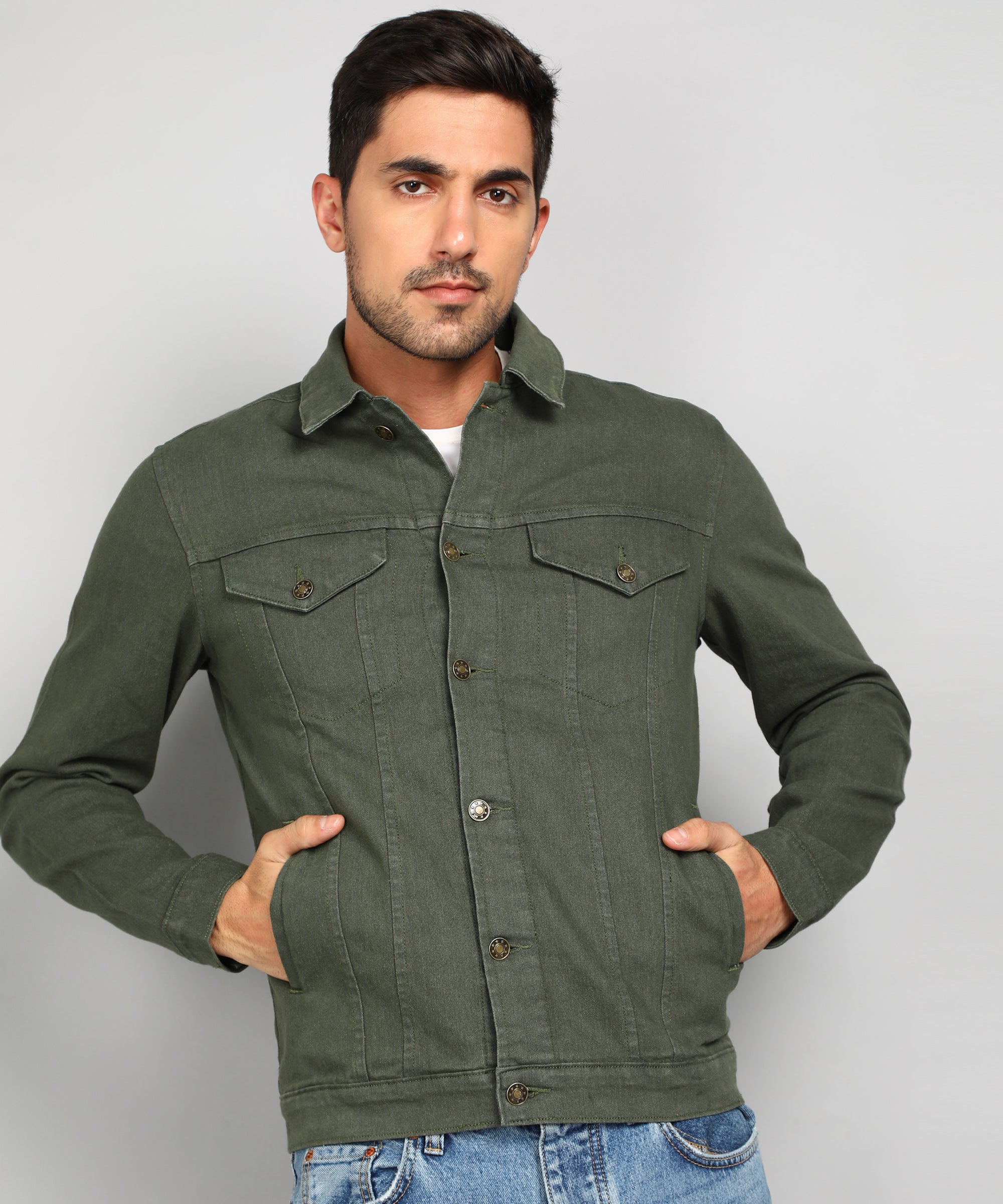 Urbano Fashion Men's Olive Green Regular Fit Washed Full Sleeve Denim Jacket