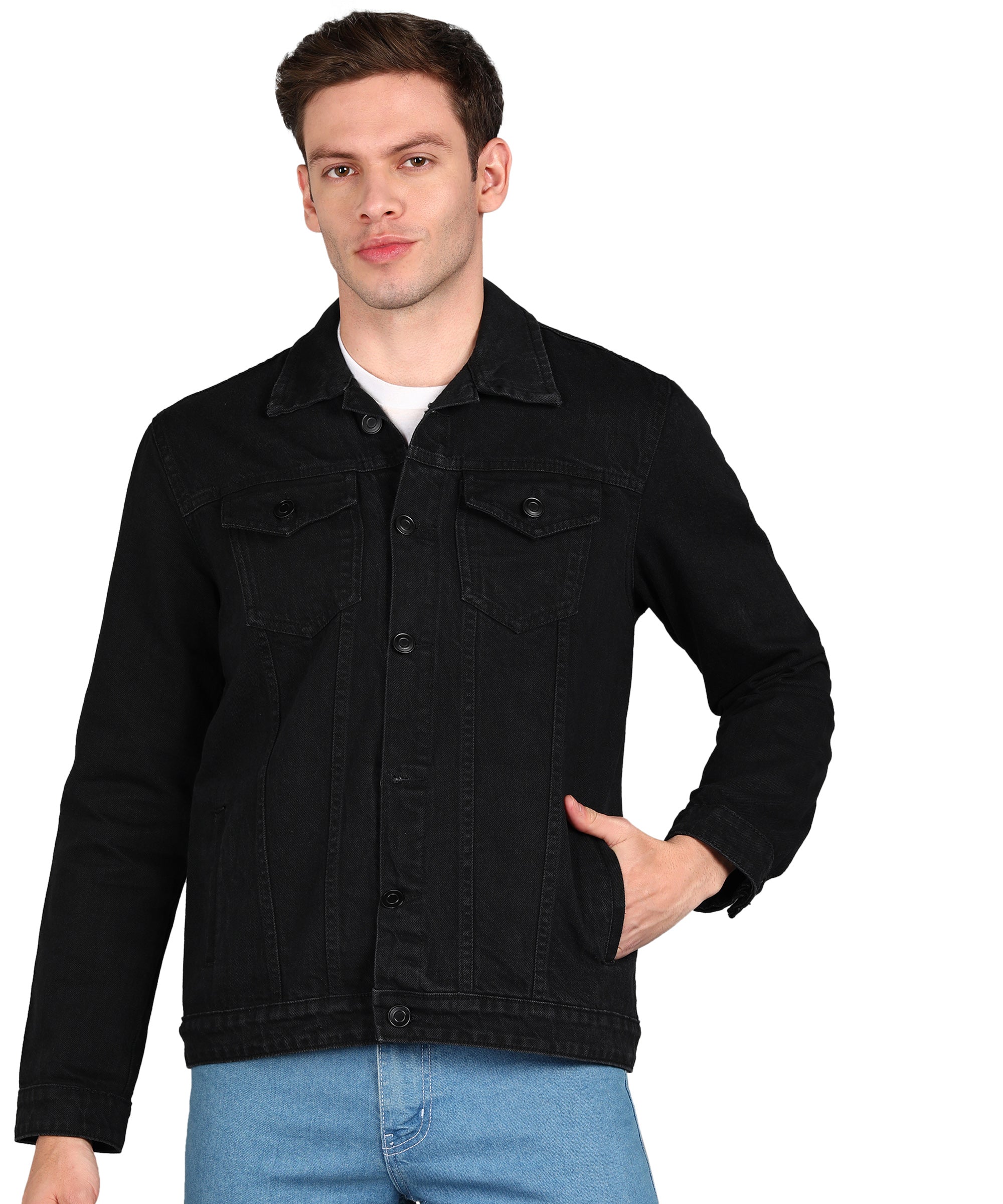 Urbano Fashion Men's Black Regular Fit Washed Full Sleeve Denim Jacket