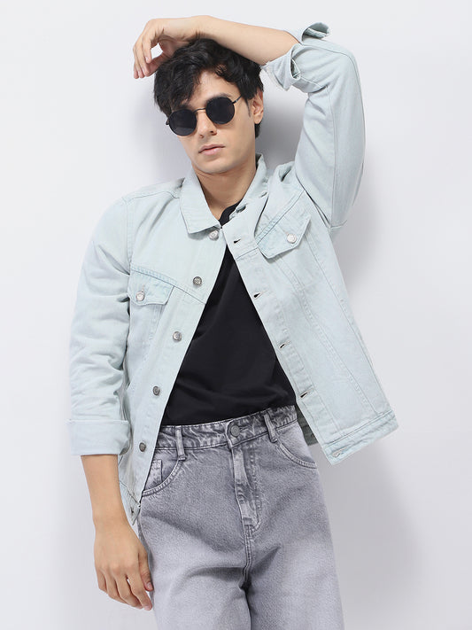 Men's White Grey Regular Fit Washed Full Sleeve Denim Jacket