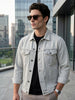 Men's White Grey Regular Fit Washed Full Sleeve Denim Jacket