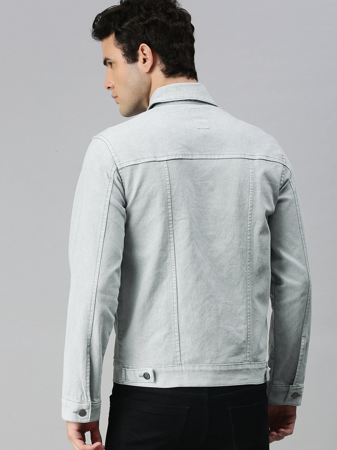 Men's White Grey Regular Fit Washed Full Sleeve Denim Jacket