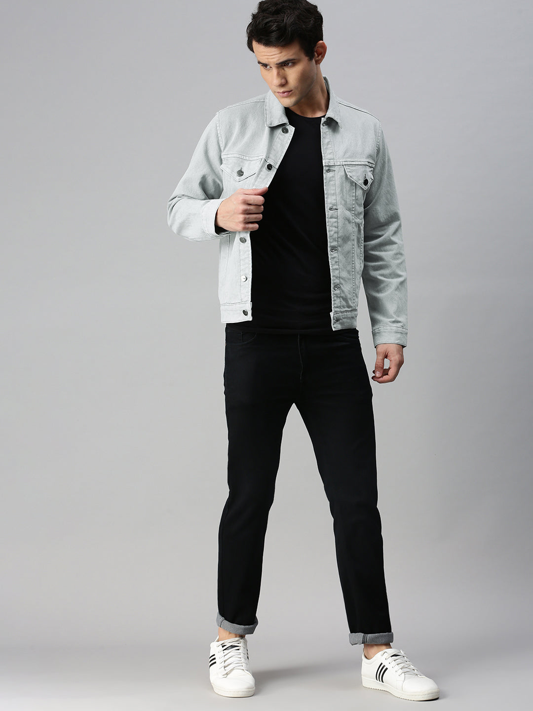 Men's White Grey Regular Fit Washed Full Sleeve Denim Jacket