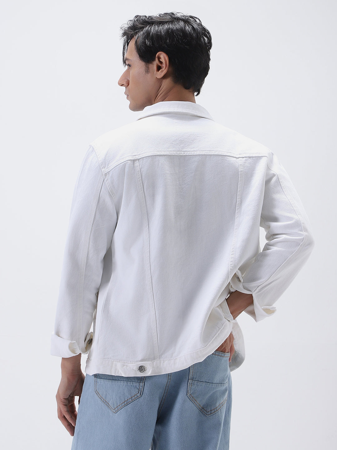 Men's White Regular Fit Washed Full Sleeve Denim Jacket