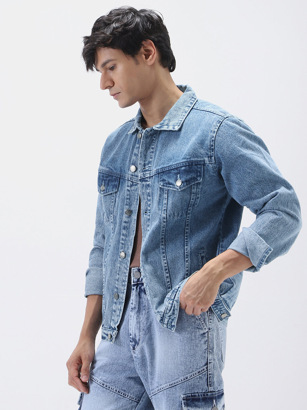 Men's Light Blue Regular Fit Washed Full Sleeve Denim Jacket