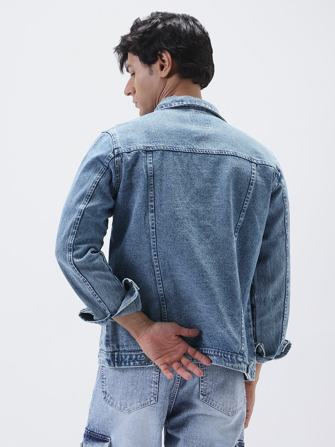 Men's Light Blue Regular Fit Washed Full Sleeve Denim Jacket