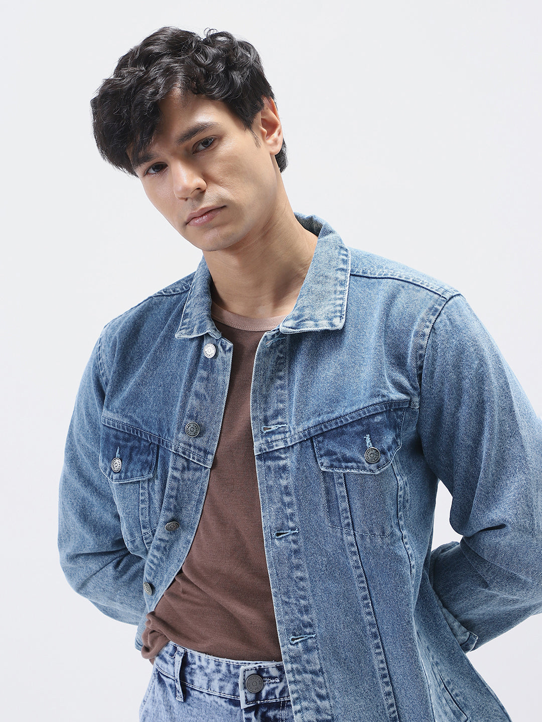 Men's Light Blue Regular Fit Washed Full Sleeve Denim Jacket