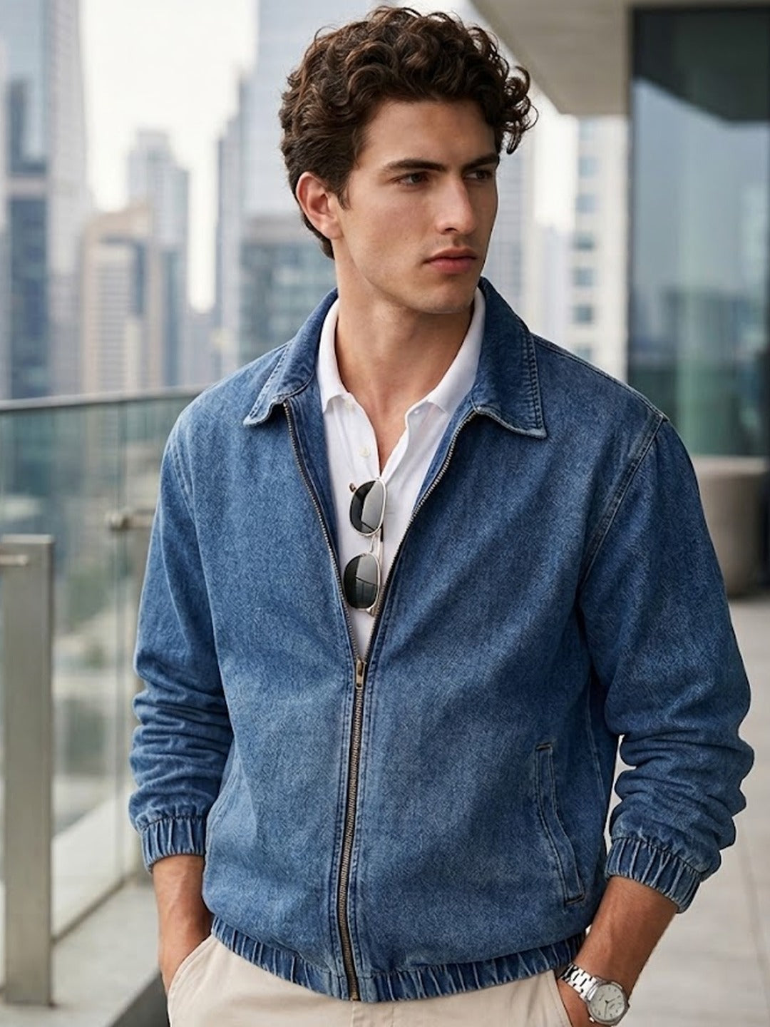 Men's Dark Blue Relaxed Fit Full Sleeve Harrington Denim Jacket