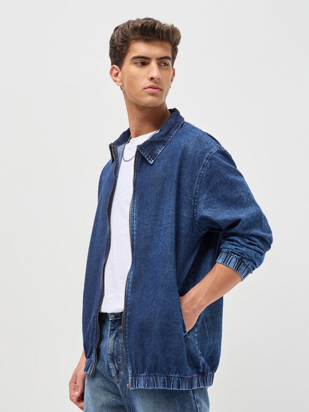 Men's Blue Relaxed Fit Full Sleeve Harrington Denim Jacket