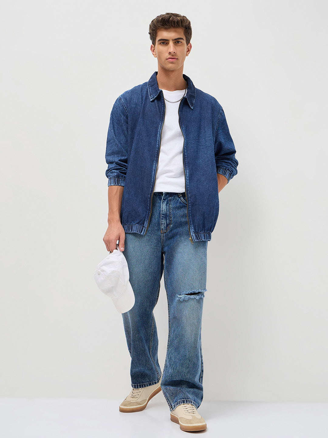 Men's Blue Relaxed Fit Full Sleeve Harrington Denim Jacket