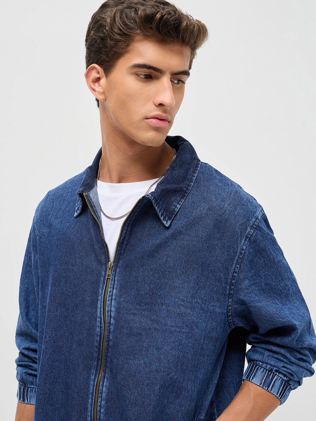 Men's Blue Relaxed Fit Full Sleeve Harrington Denim Jacket