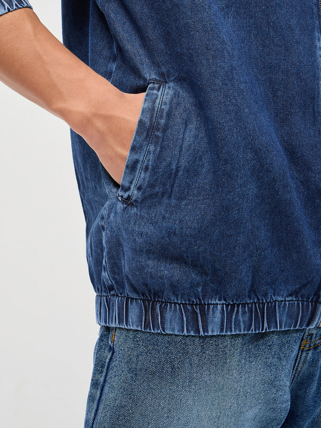 Men's Blue Relaxed Fit Full Sleeve Harrington Denim Jacket