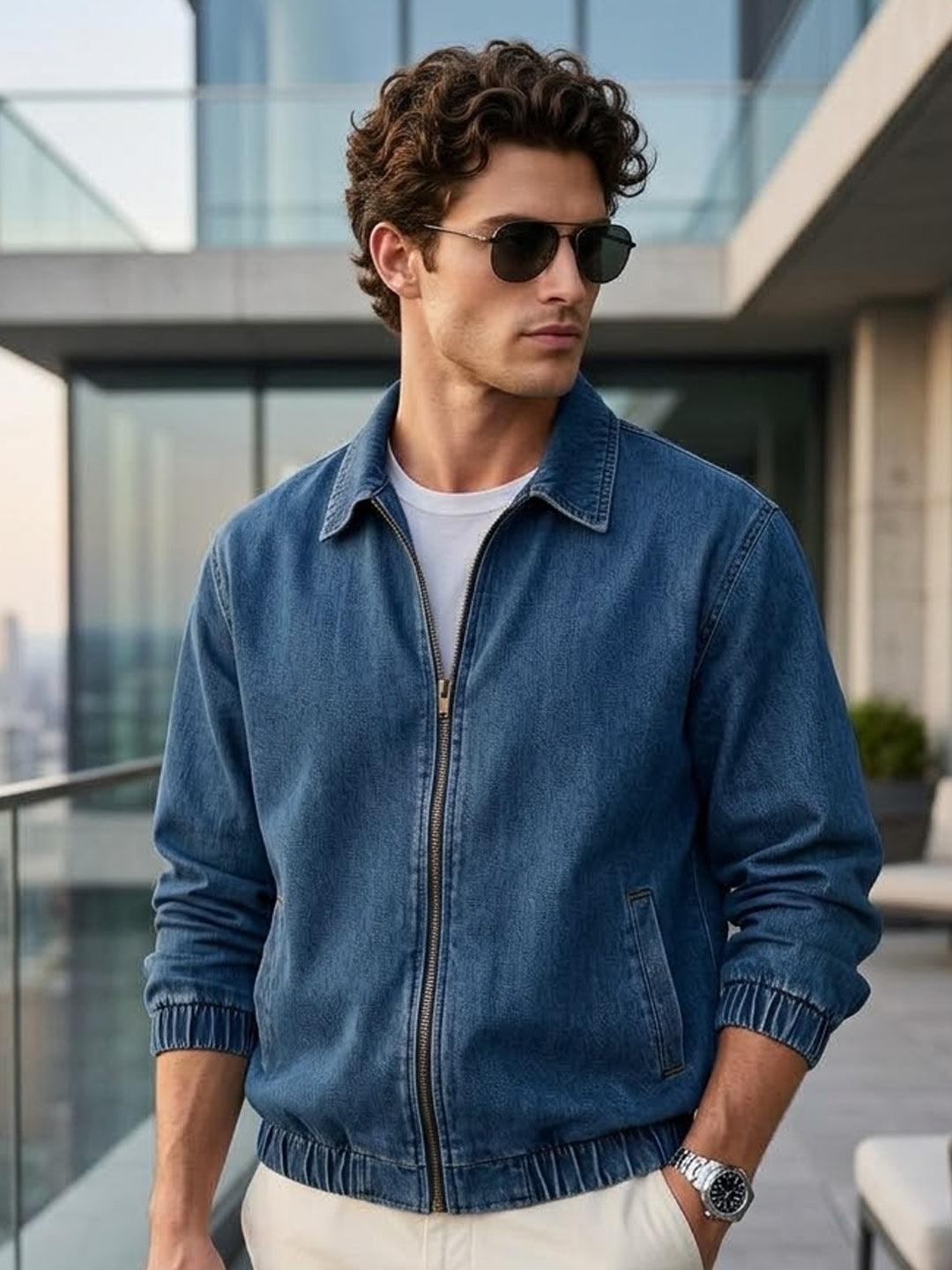 Men's Blue Relaxed Fit Full Sleeve Harrington Denim Jacket