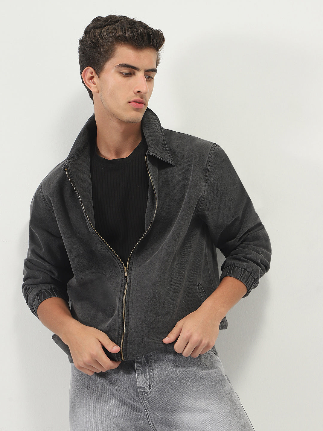 Men's Grey Relaxed Fit Full Sleeve Harrington Denim Jacket