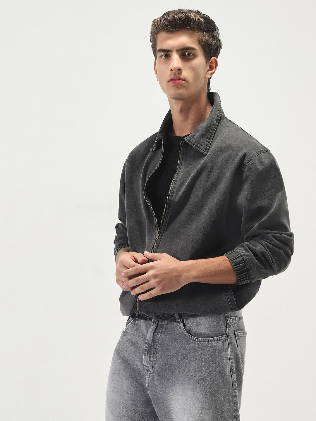 Men's Grey Relaxed Fit Full Sleeve Harrington Denim Jacket