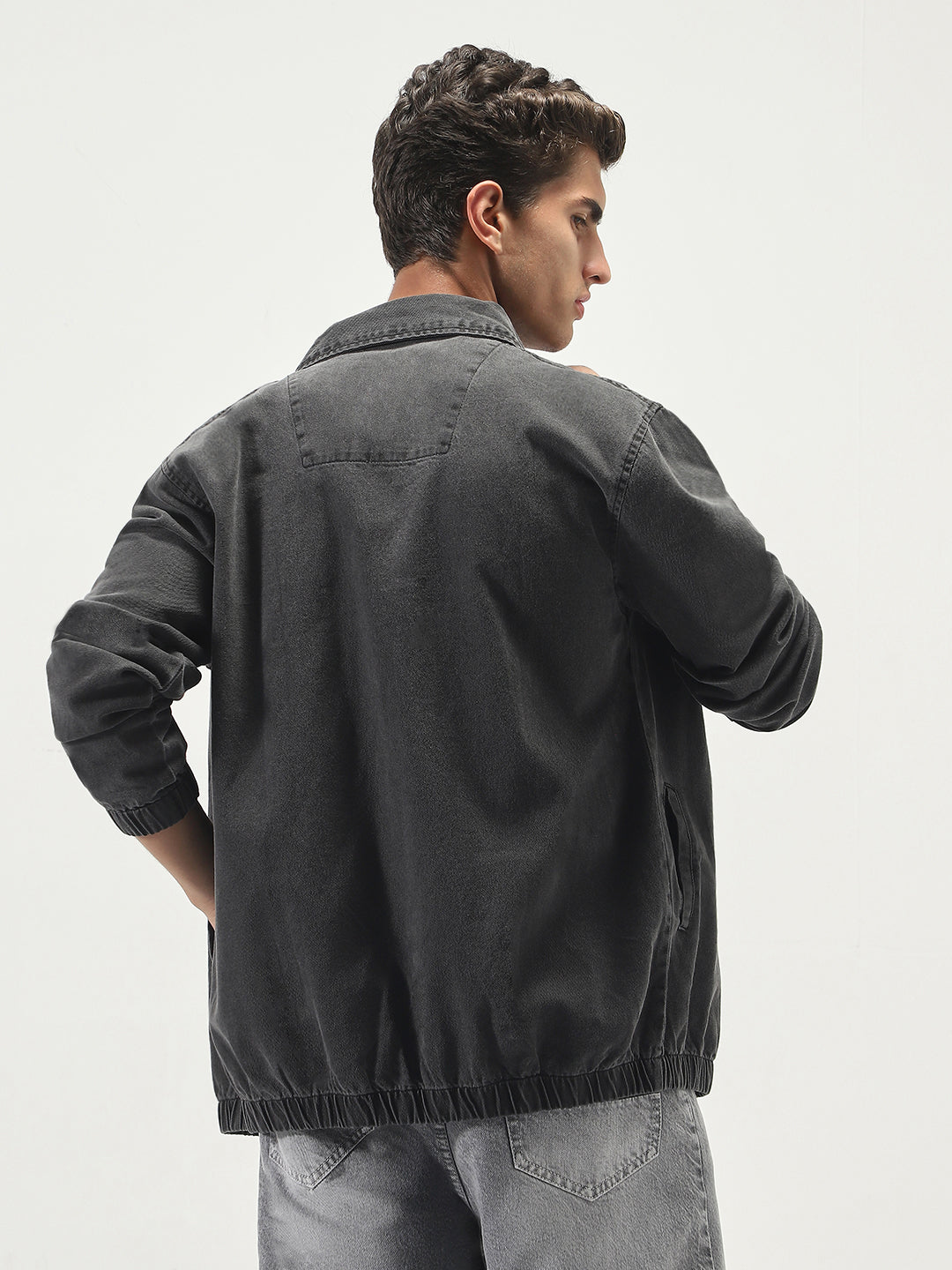 Men's Grey Relaxed Fit Full Sleeve Harrington Denim Jacket