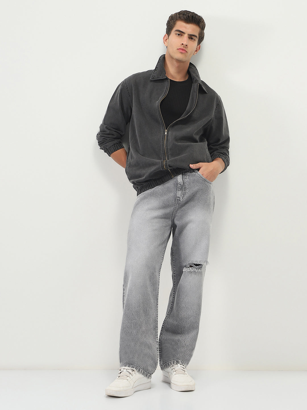 Men's Grey Relaxed Fit Full Sleeve Harrington Denim Jacket