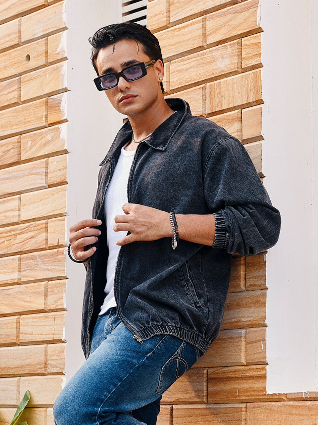 Men's Grey Relaxed Fit Full Sleeve Harrington Denim Jacket