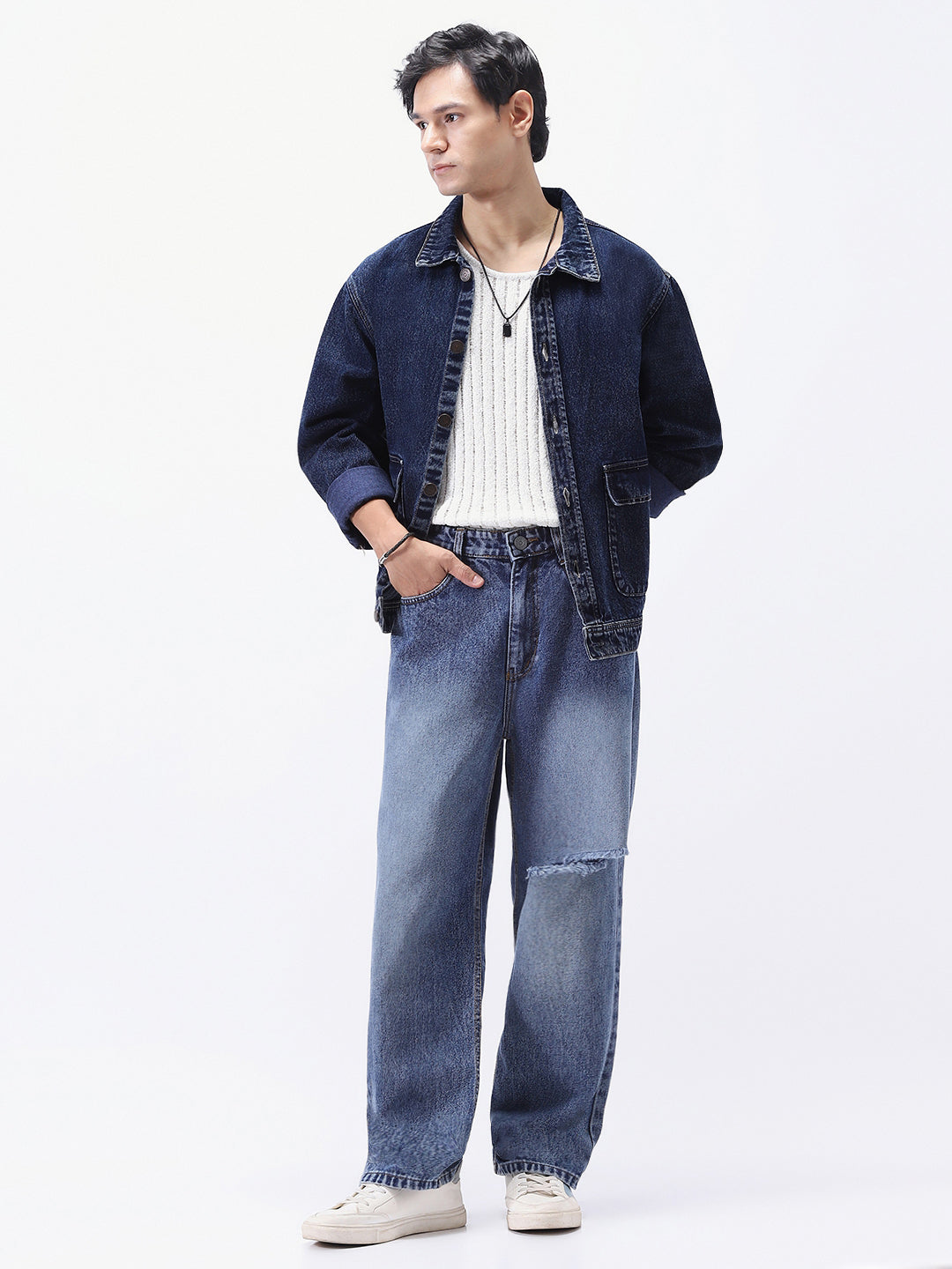 Men's Dark Blue Relaxed Fit Full Sleeve Utility Denim Jacket