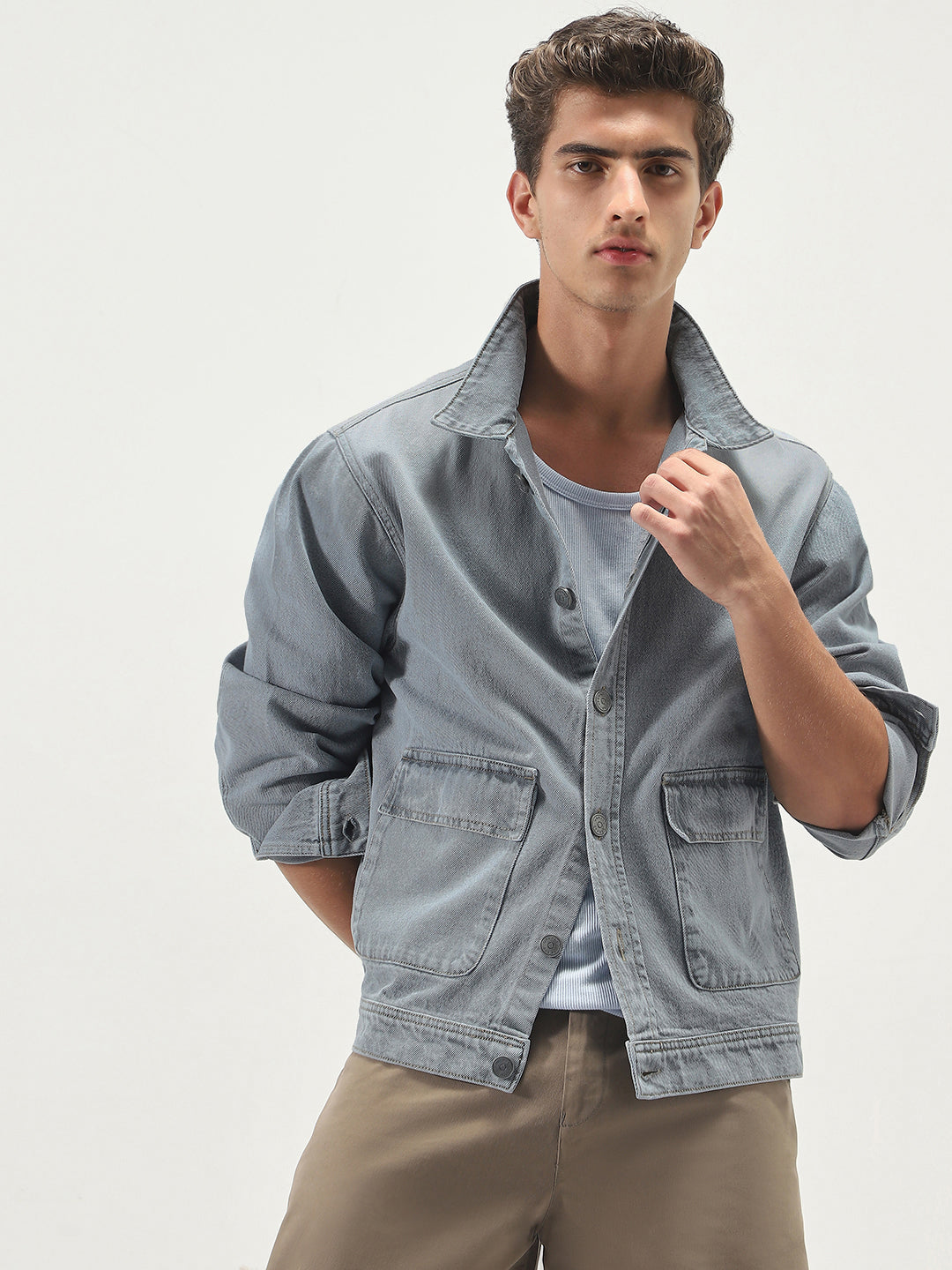 Men's Ice Grey Relaxed Fit Full Sleeve Utility Denim Jacket