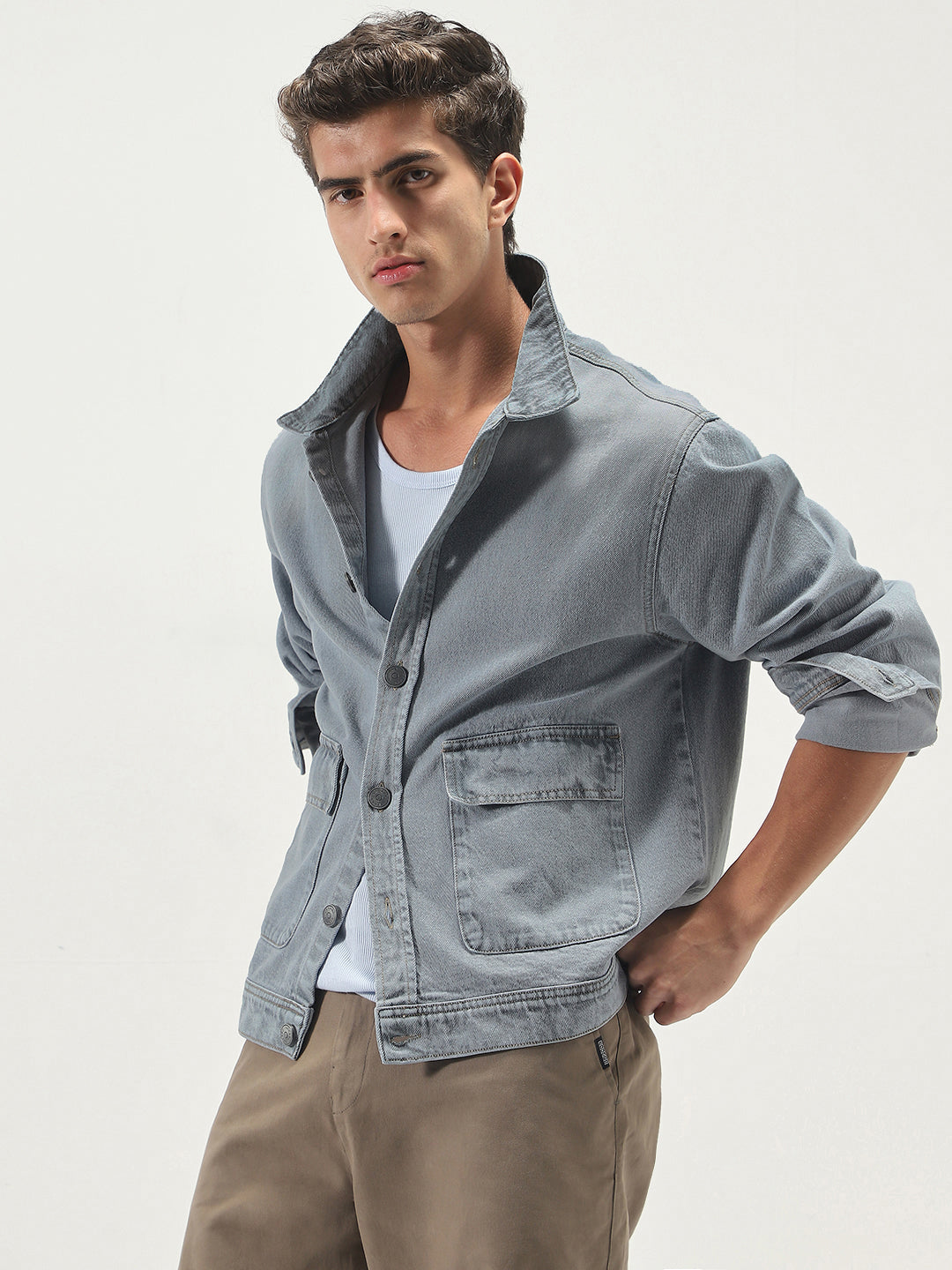 Men's Ice Grey Relaxed Fit Full Sleeve Utility Denim Jacket