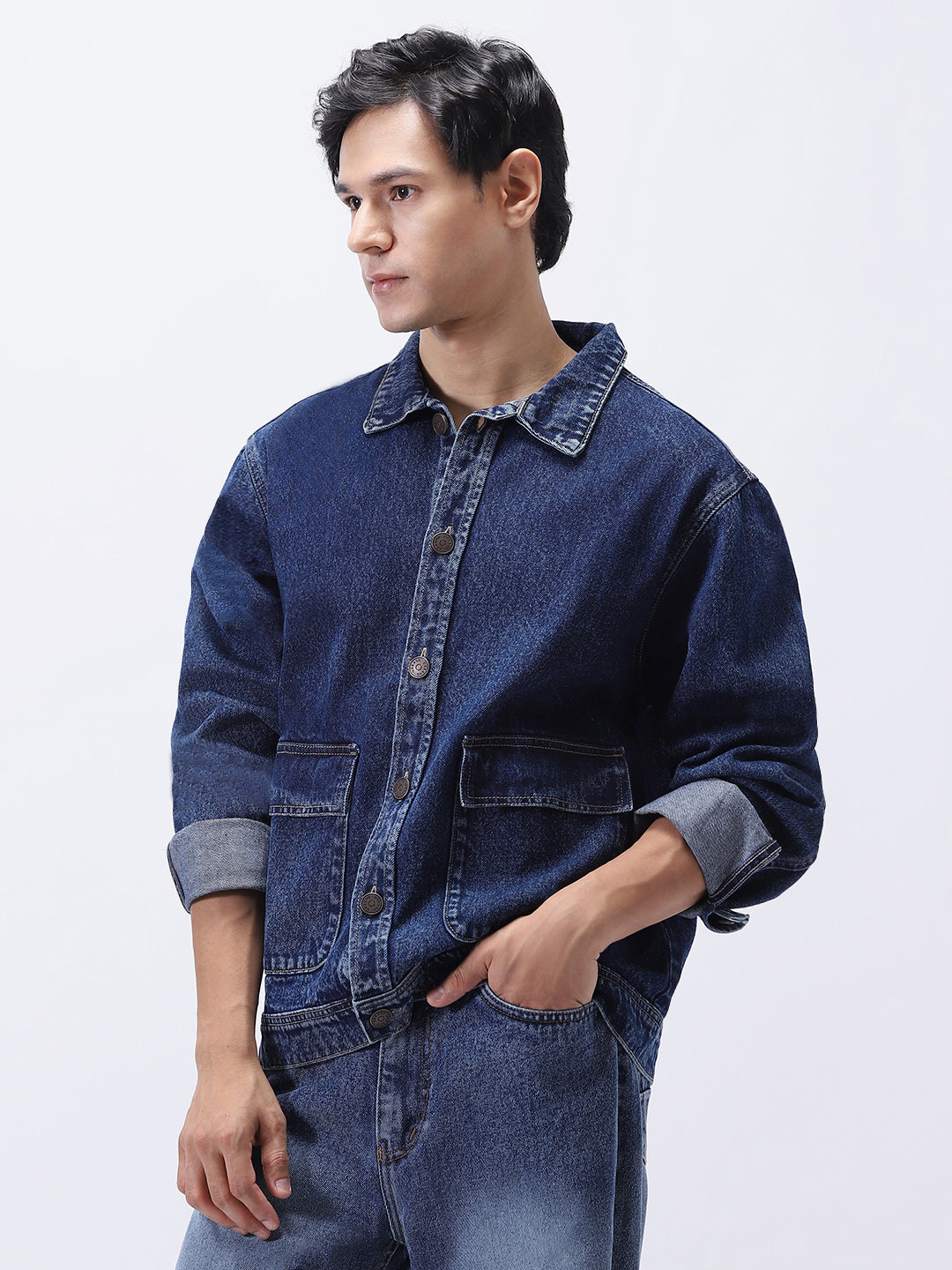 Men's Blue Relaxed Fit Full Sleeve Utility Denim Jacket