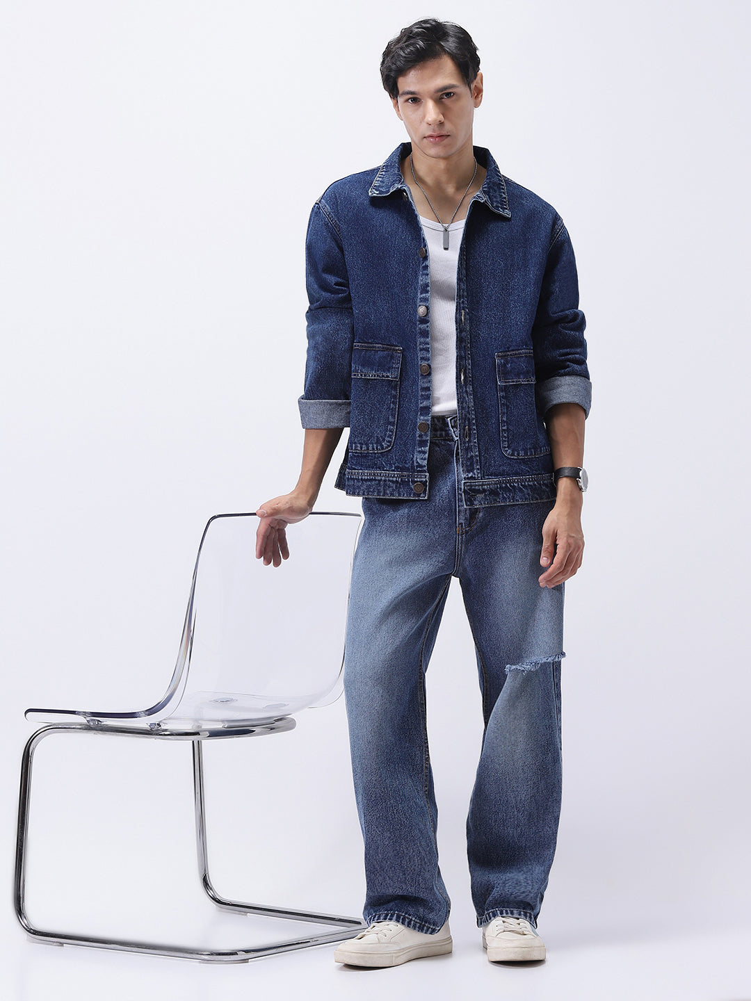 Men's Blue Relaxed Fit Full Sleeve Utility Denim Jacket
