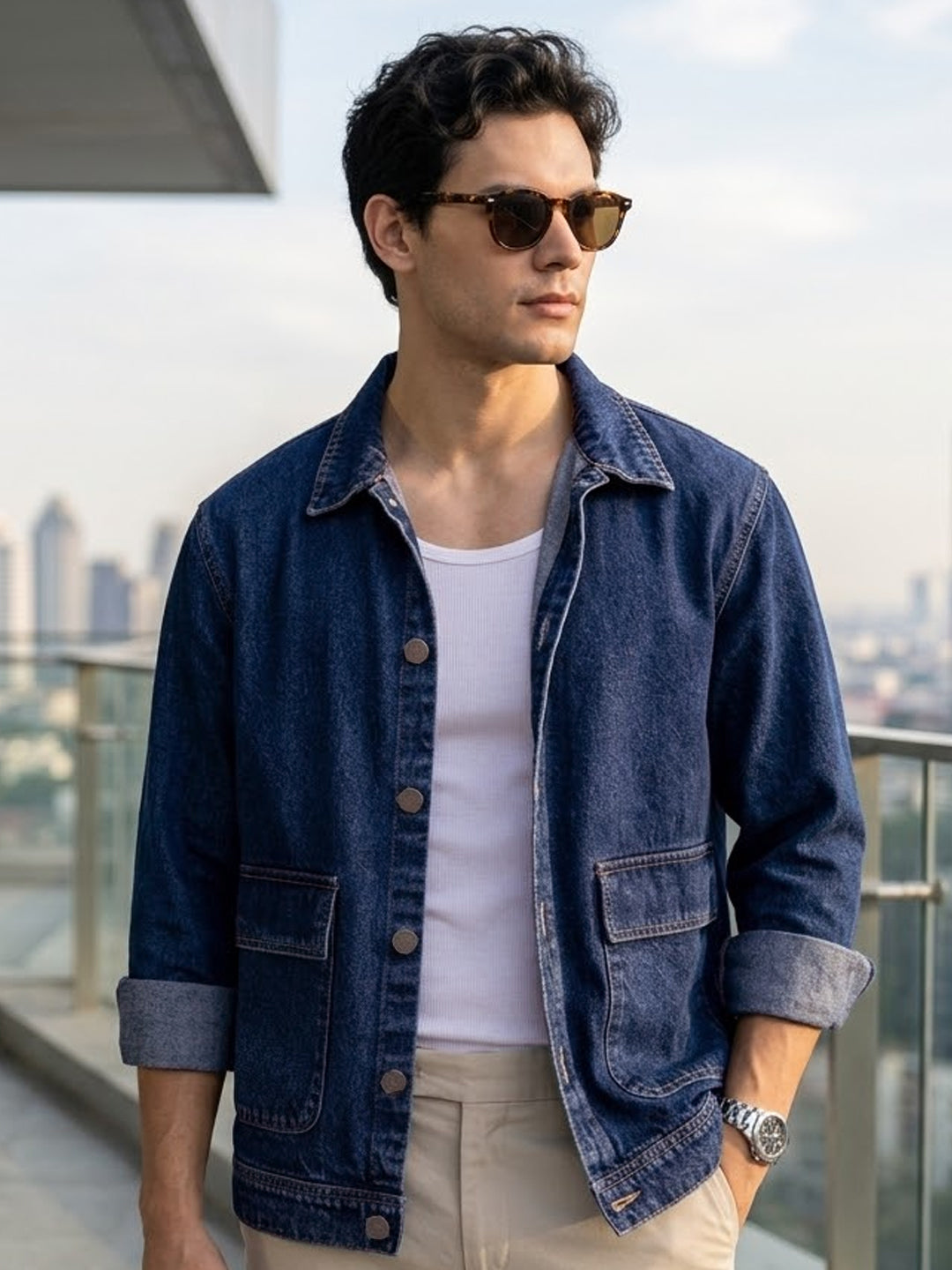 Men's Blue Relaxed Fit Full Sleeve Utility Denim Jacket