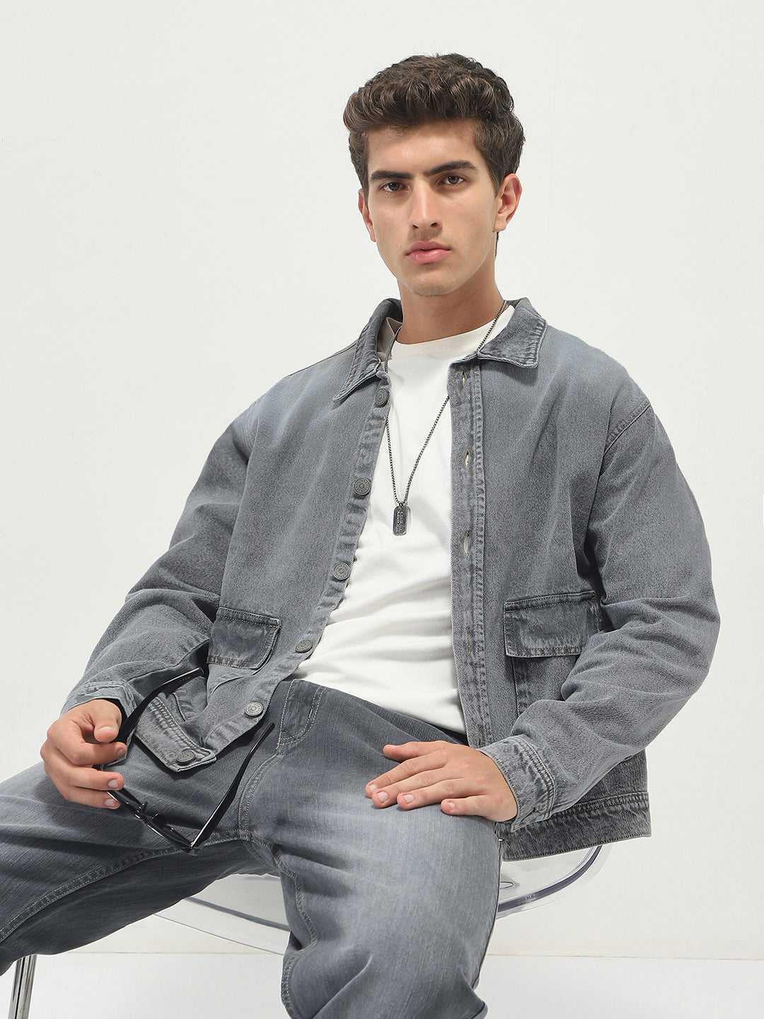 Men's Grey Relaxed Fit Full Sleeve Utility Denim Jacket