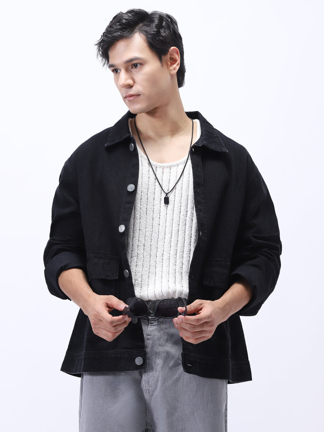 Men's Black Relaxed Fit Full Sleeve Utility Denim Jacket
