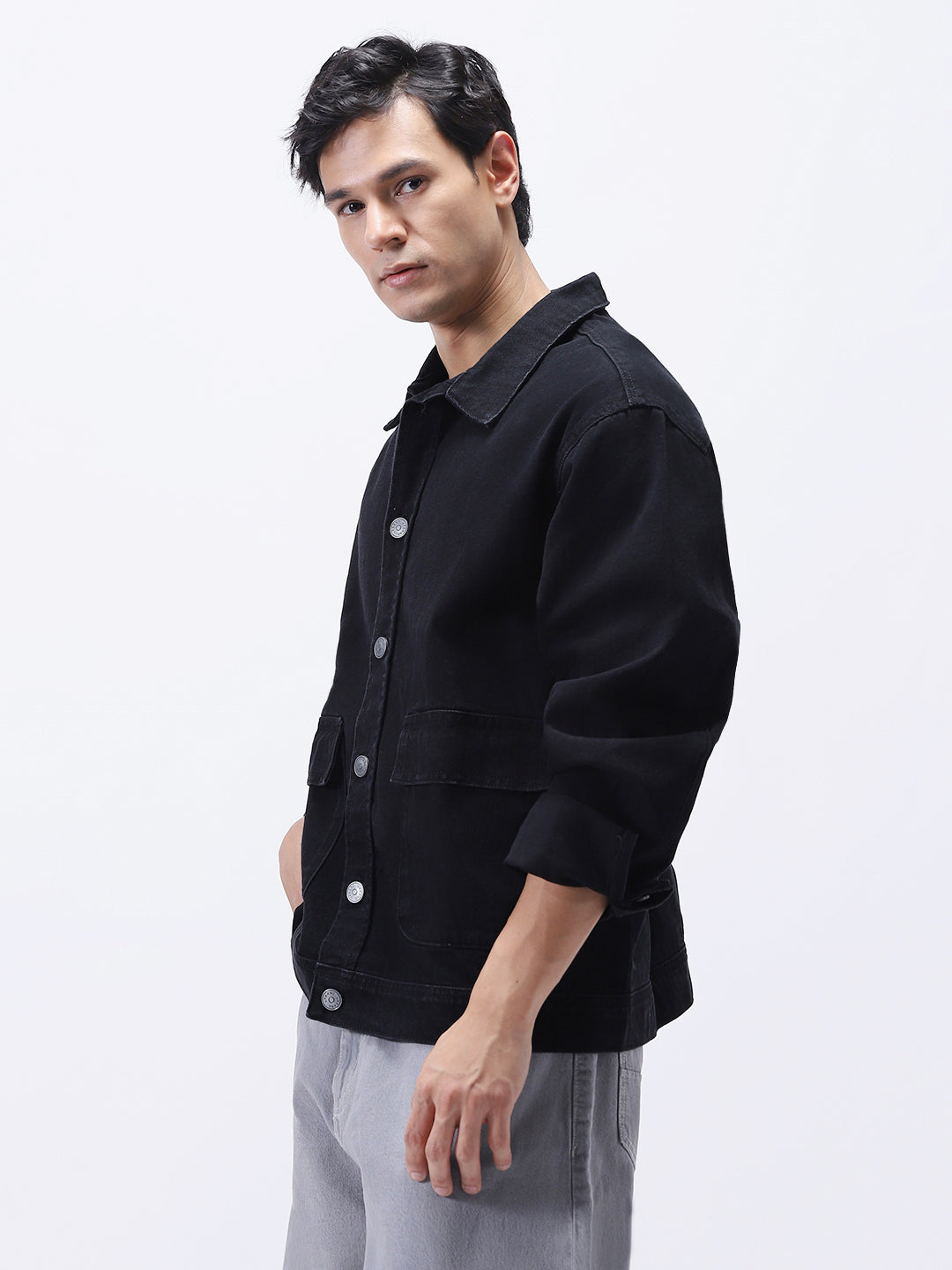 Men's Black Relaxed Fit Full Sleeve Utility Denim Jacket