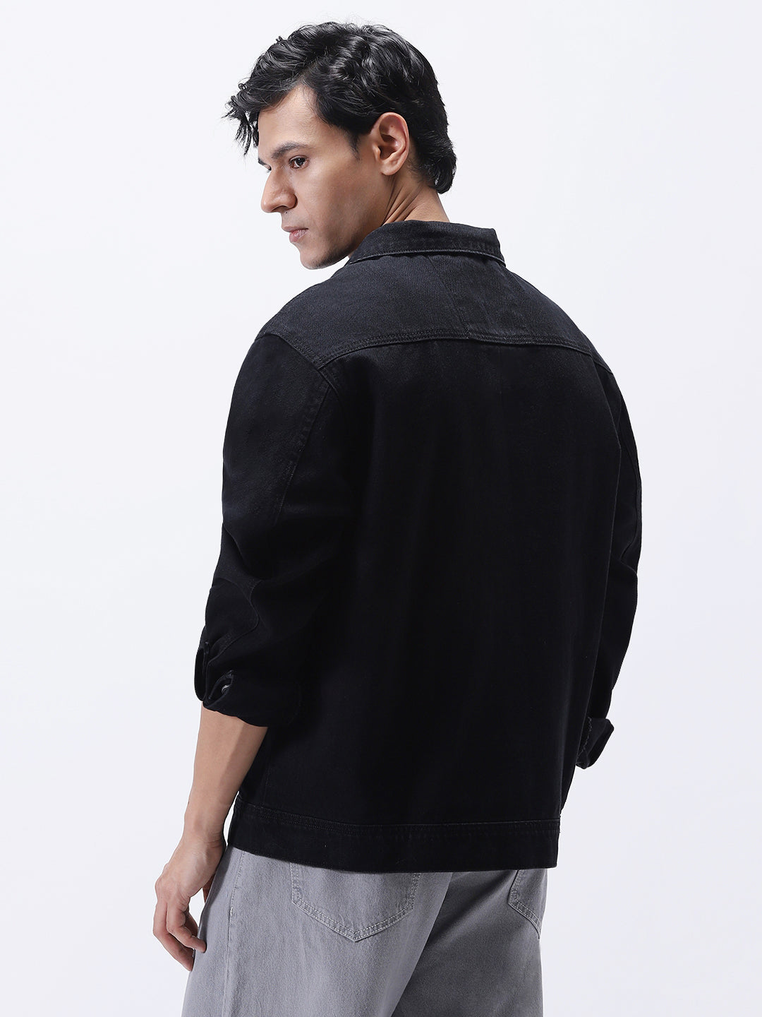 Men's Black Relaxed Fit Full Sleeve Utility Denim Jacket