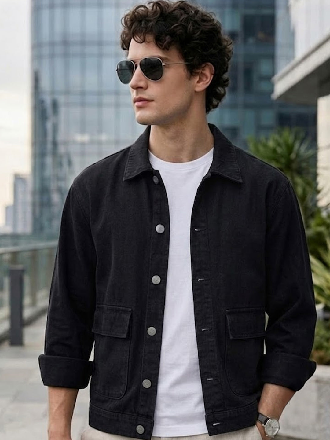 Men's Black Relaxed Fit Full Sleeve Utility Denim Jacket