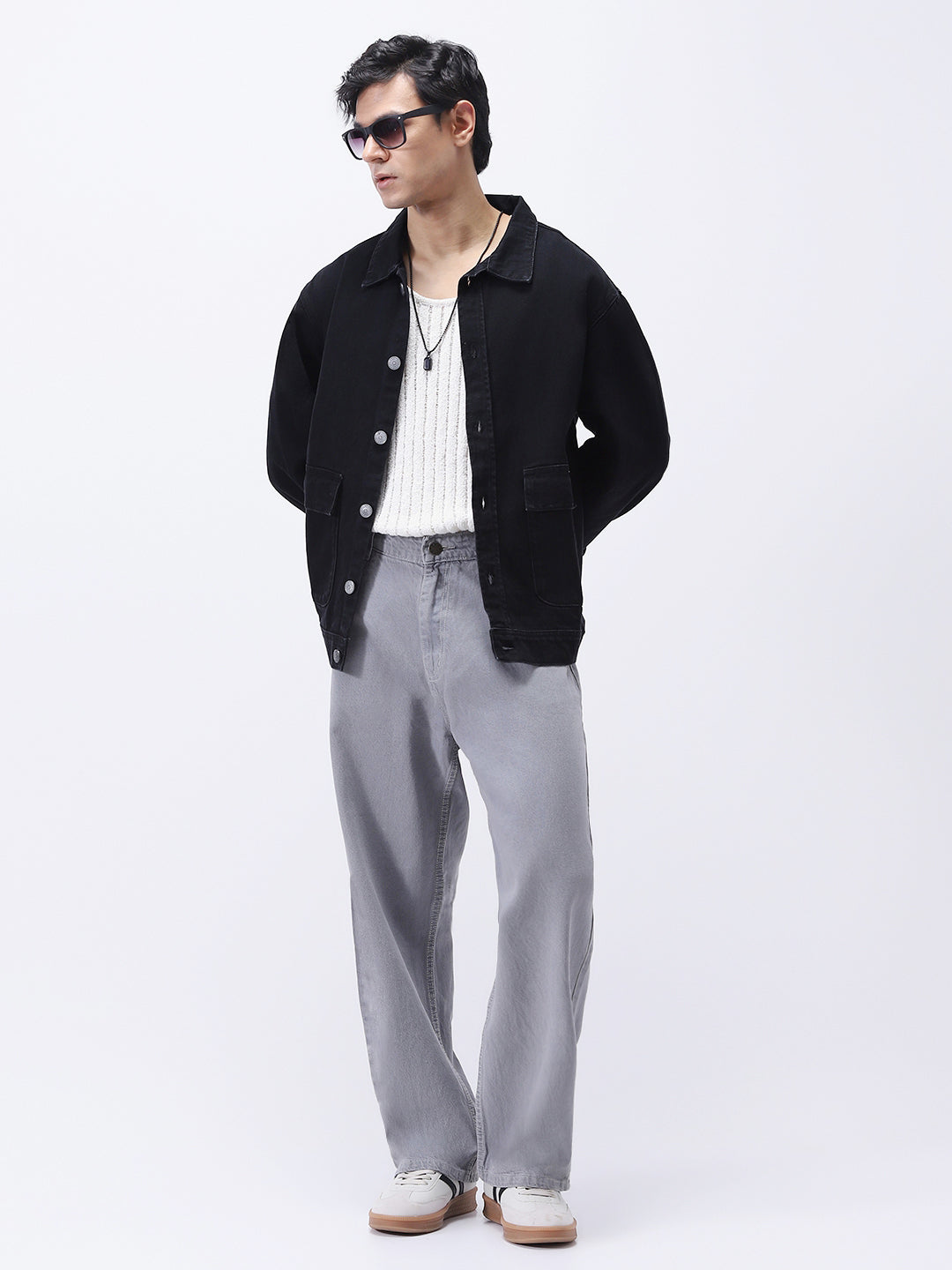 Men's Black Relaxed Fit Full Sleeve Utility Denim Jacket