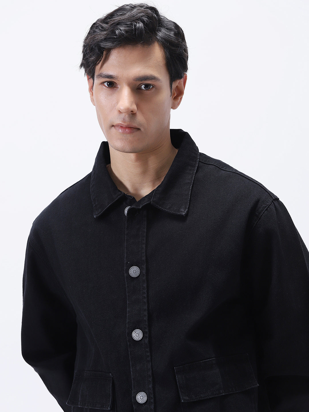 Men's Black Relaxed Fit Full Sleeve Utility Denim Jacket