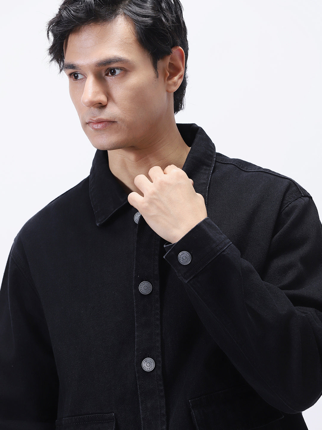 Men's Black Relaxed Fit Full Sleeve Utility Denim Jacket