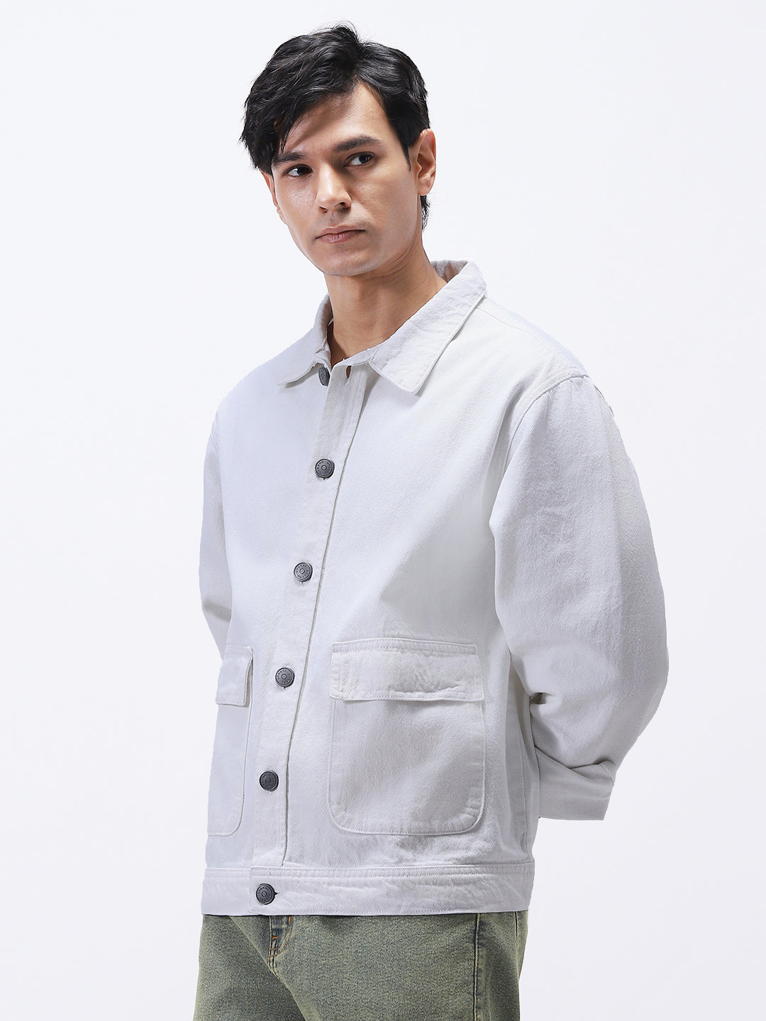 Men's White Relaxed Fit Full Sleeve Utility Denim Jacket