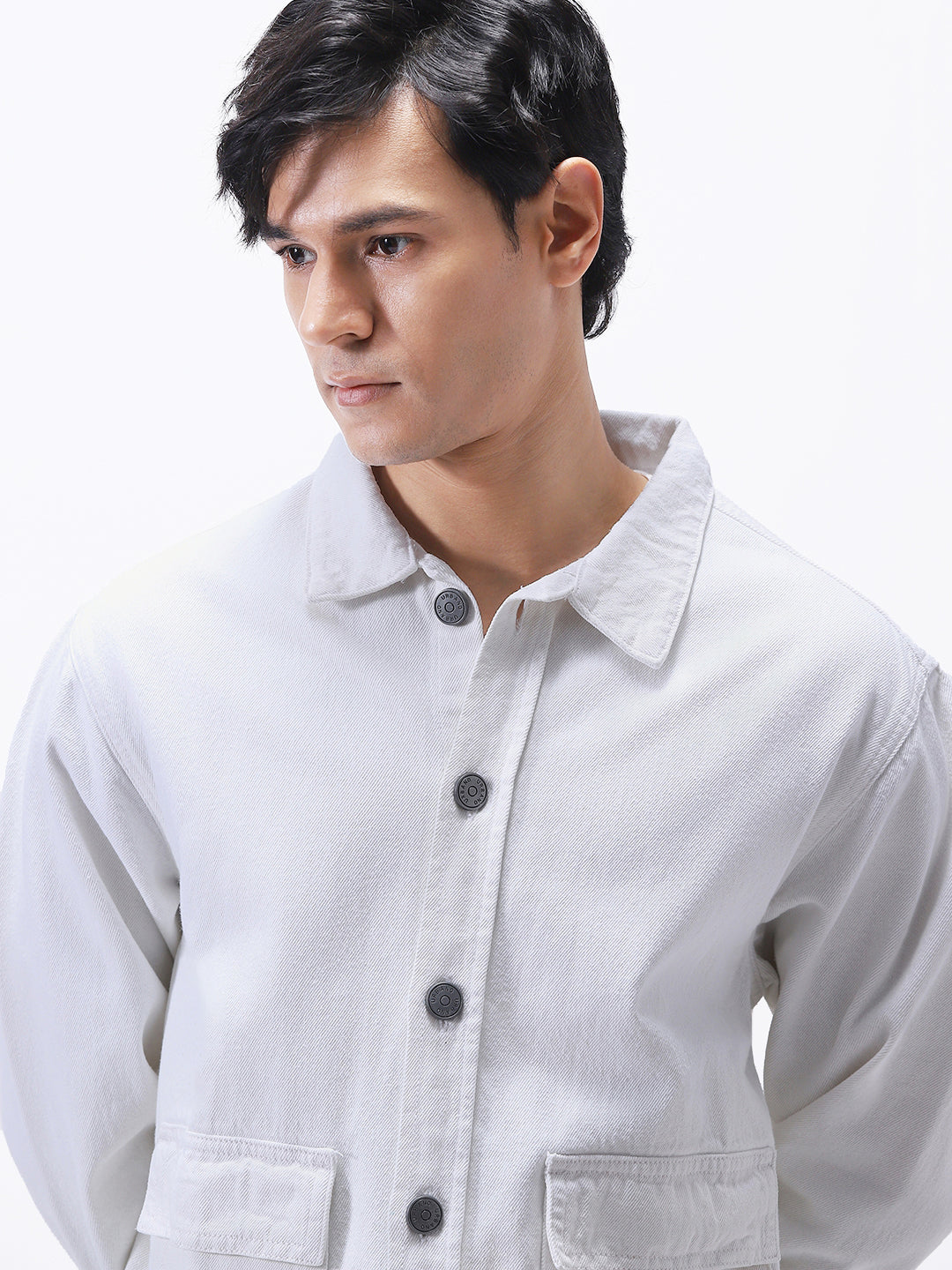 Men's White Relaxed Fit Full Sleeve Utility Denim Jacket