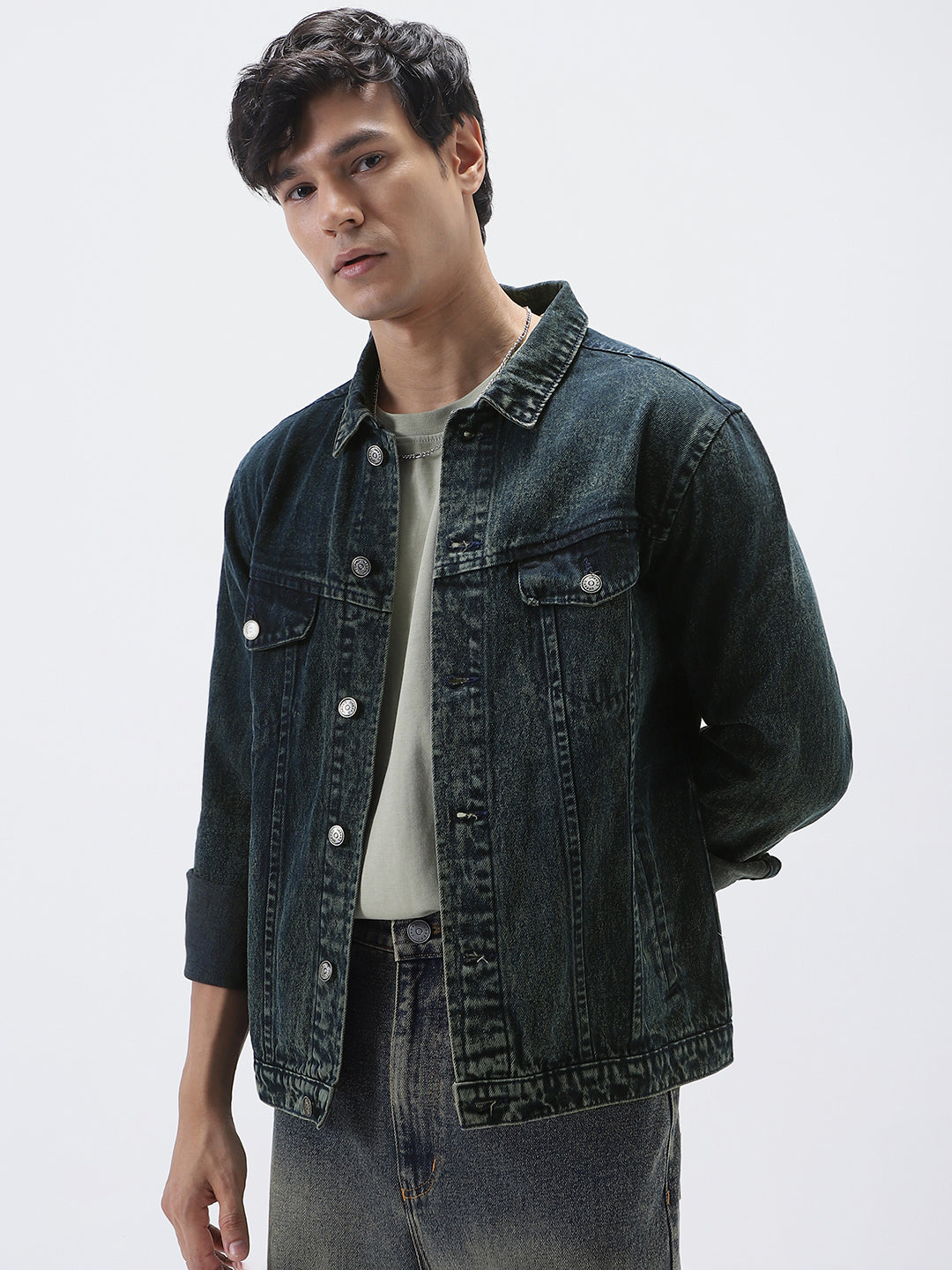 Men's Dark Blue Regular Fit Washed Full Sleeve Denim Jacket