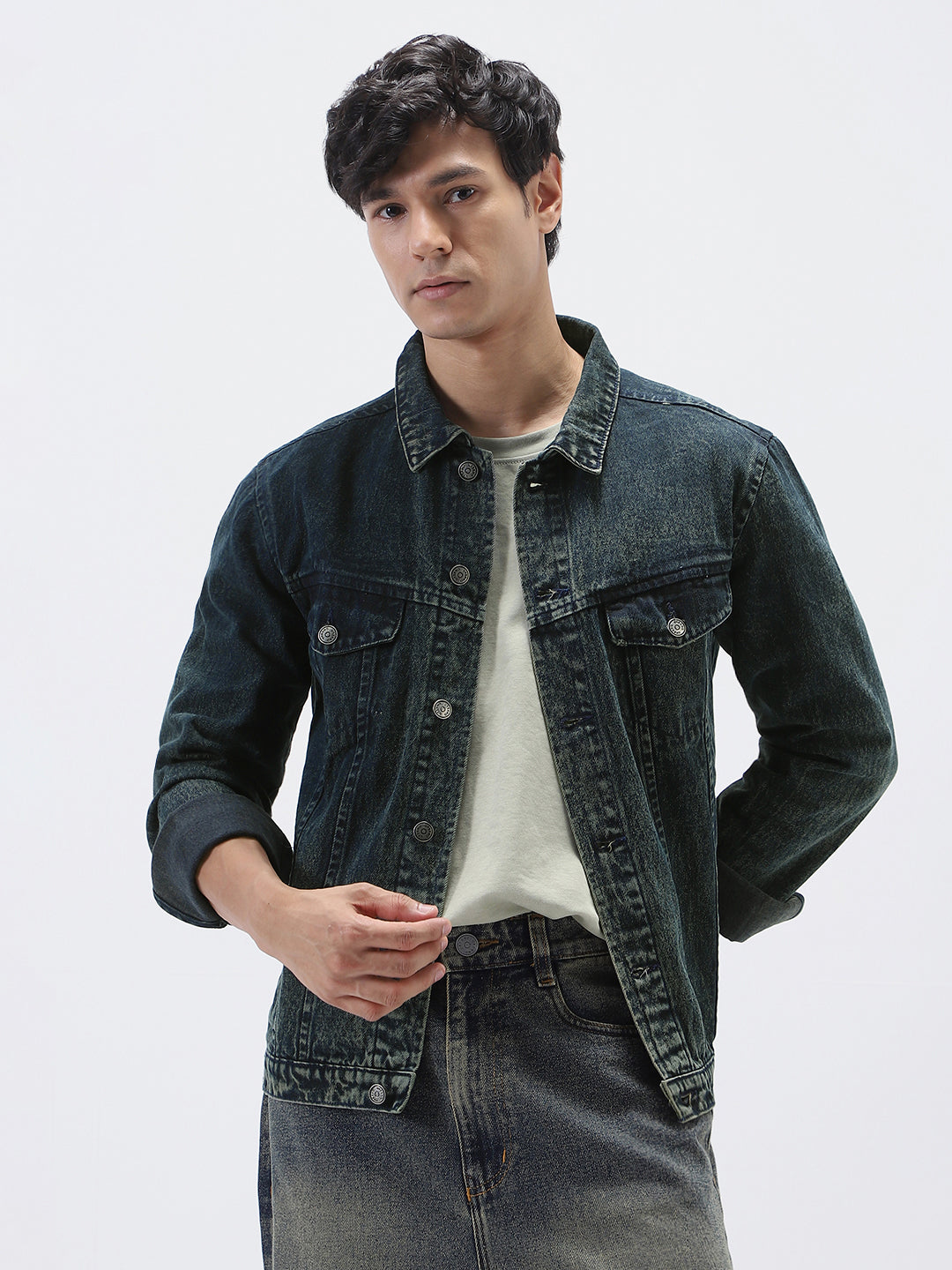 Men's Dark Blue Regular Fit Washed Full Sleeve Denim Jacket